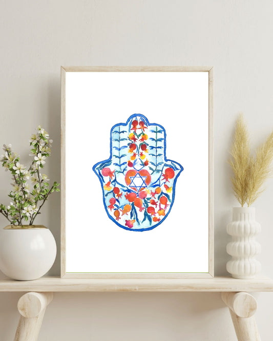 Hamsa & Pomegranates – Watercolor Giclée Print