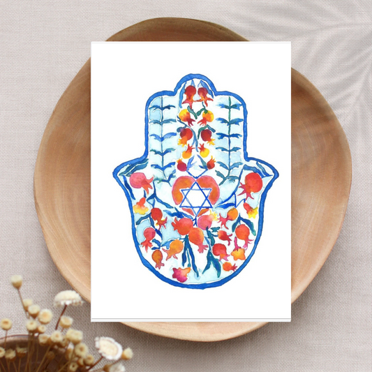 Hamsa & Pomegranates – Watercolor Greeting Card